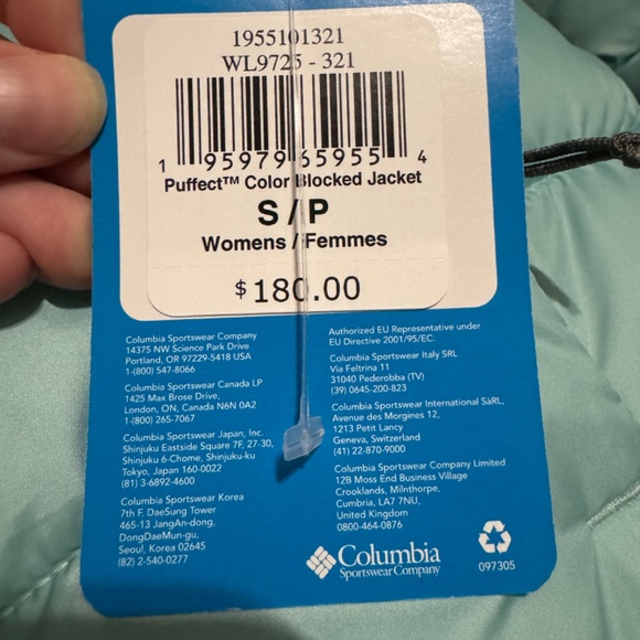 Columbia Puffect Color Blocked Jacket (Aqua Haze, Night Wav) - Size Small - NWT - Picture 3 of 6